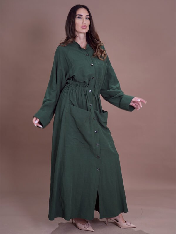 Forest Green Abaya Cinched Waist Gown Elegant Buttoned Front Sophisticated Evening Wear Custom-Fit Luxury Fashion