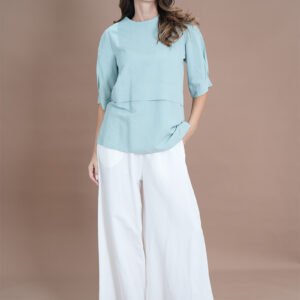 Seafoam green ensemble Layered fashion top Wide-leg trousers Casual chic outfit Day-to-evening wear Comfortable stylish clothing