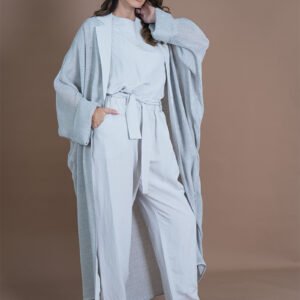 Grey textured abaya White tailored underpiece Versatile two-piece set Contemporary modest wear Customizable ensemble options