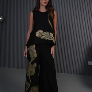 Elegant women's wear Gold leaf detailing Embroidered evening wear Sophisticated party outfit Designer fashion ensemble