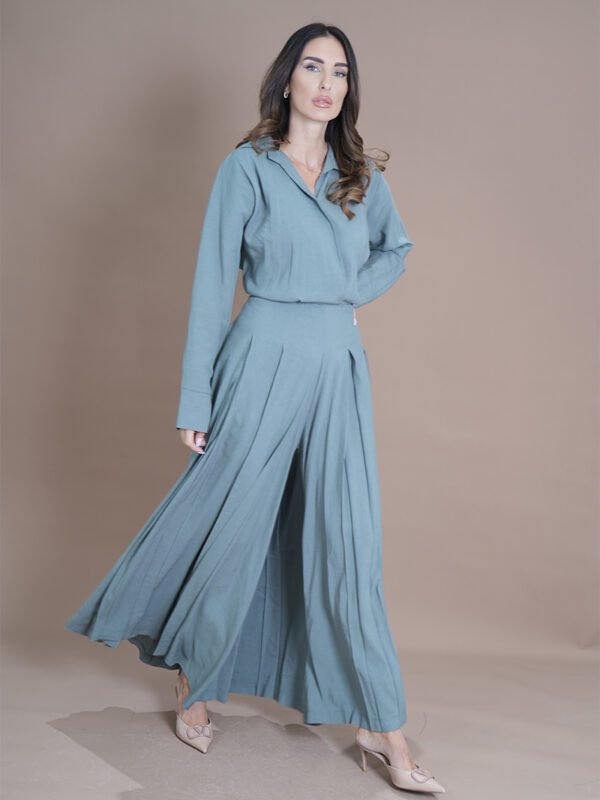 Azure Breeze Set Comfortable elegant wear Sophisticated casual outfit Flowing wide-leg trousers Tailored feminine ensemble Light sky blue outfit